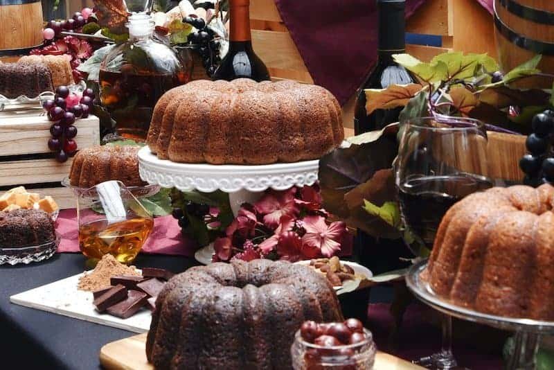 various rum cakes displayed on table